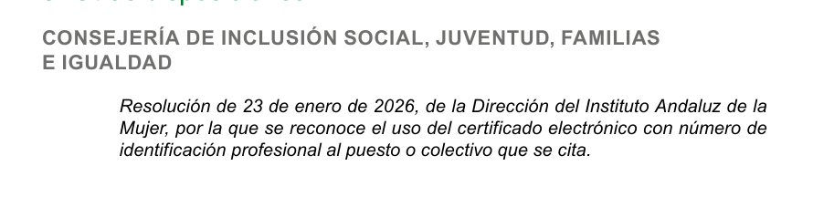Resolución de 23 de enero de 2026, de la Dirección del Instituto Andaluz de la Mujer, por la que se reconoce el uso del certificado electrónico con número de identificación profesional al puesto o colectivo que se cita.